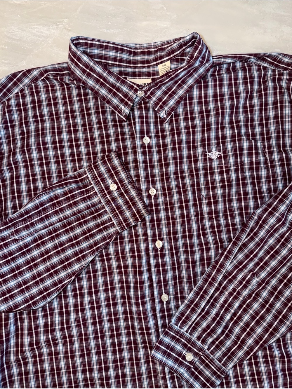 Dockers Mens 2XL XXL Burgundy Blue Plaid Long Sleeve Button Down Shirt